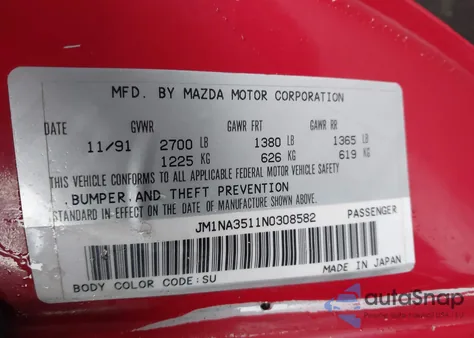 1992 Mazda Mx-5 Miata z USA, uszkodzony, nr VIN JM1NA3511N0308582